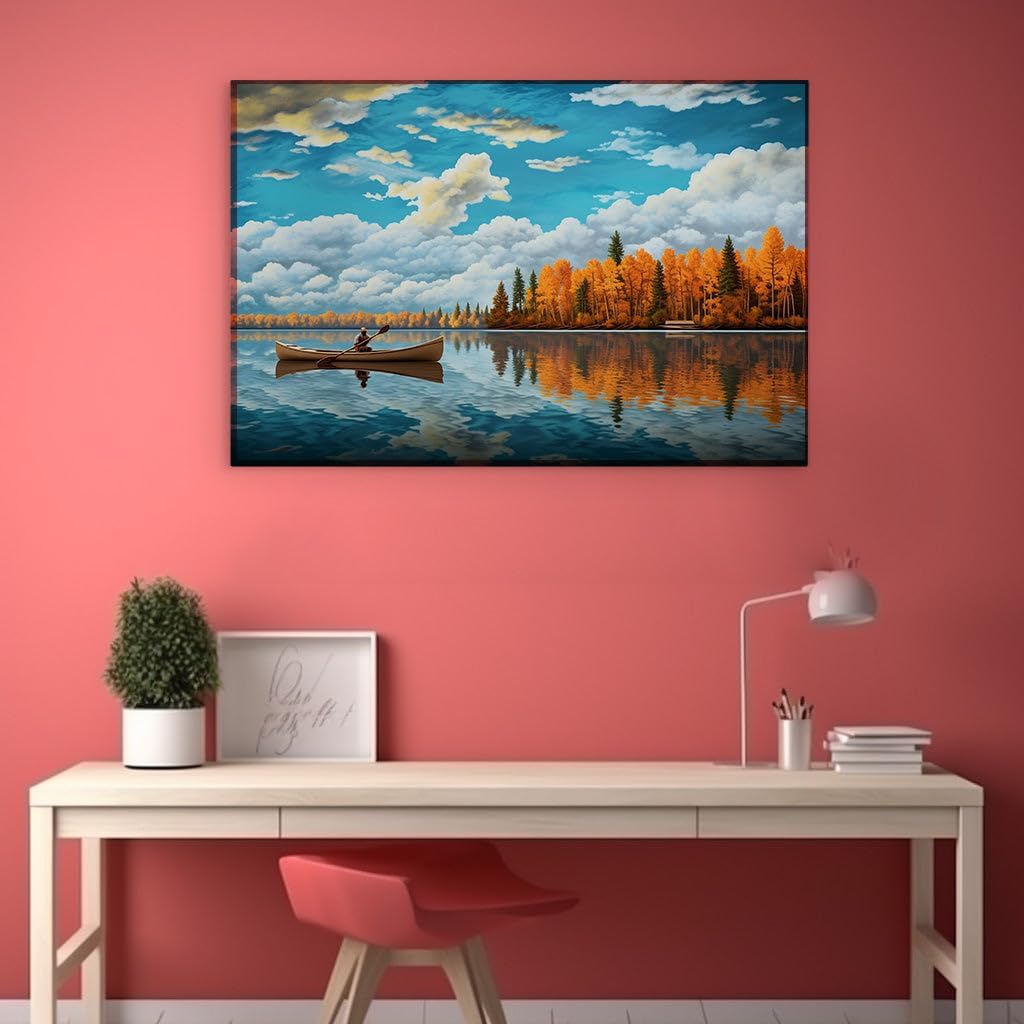 Canvas for Living room. Tranquil Waters: Rowing Through Autumn's Palette, 27 x 18 inch Canvas Wall Art - Contemporary Masterpieces - Modern Home Decor