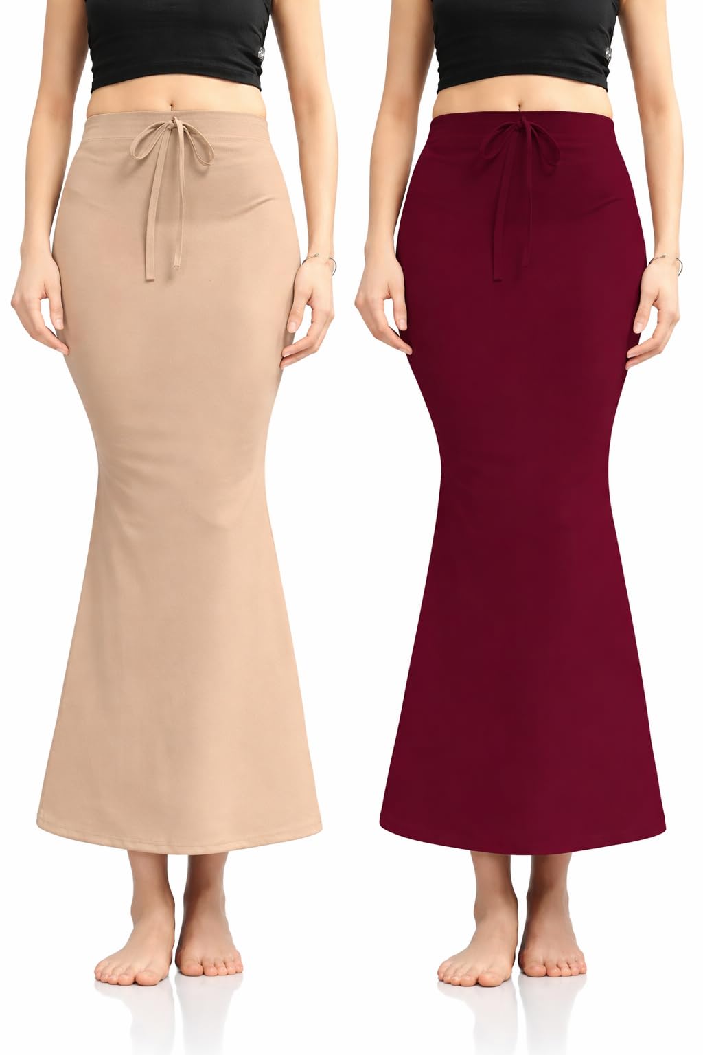Mermaid Fit Ankle Length Drawstring Waist Maxi Skirt – Everyday Comfort Stretch Skirts(Pack of 2) Cream and Maroon-image-3