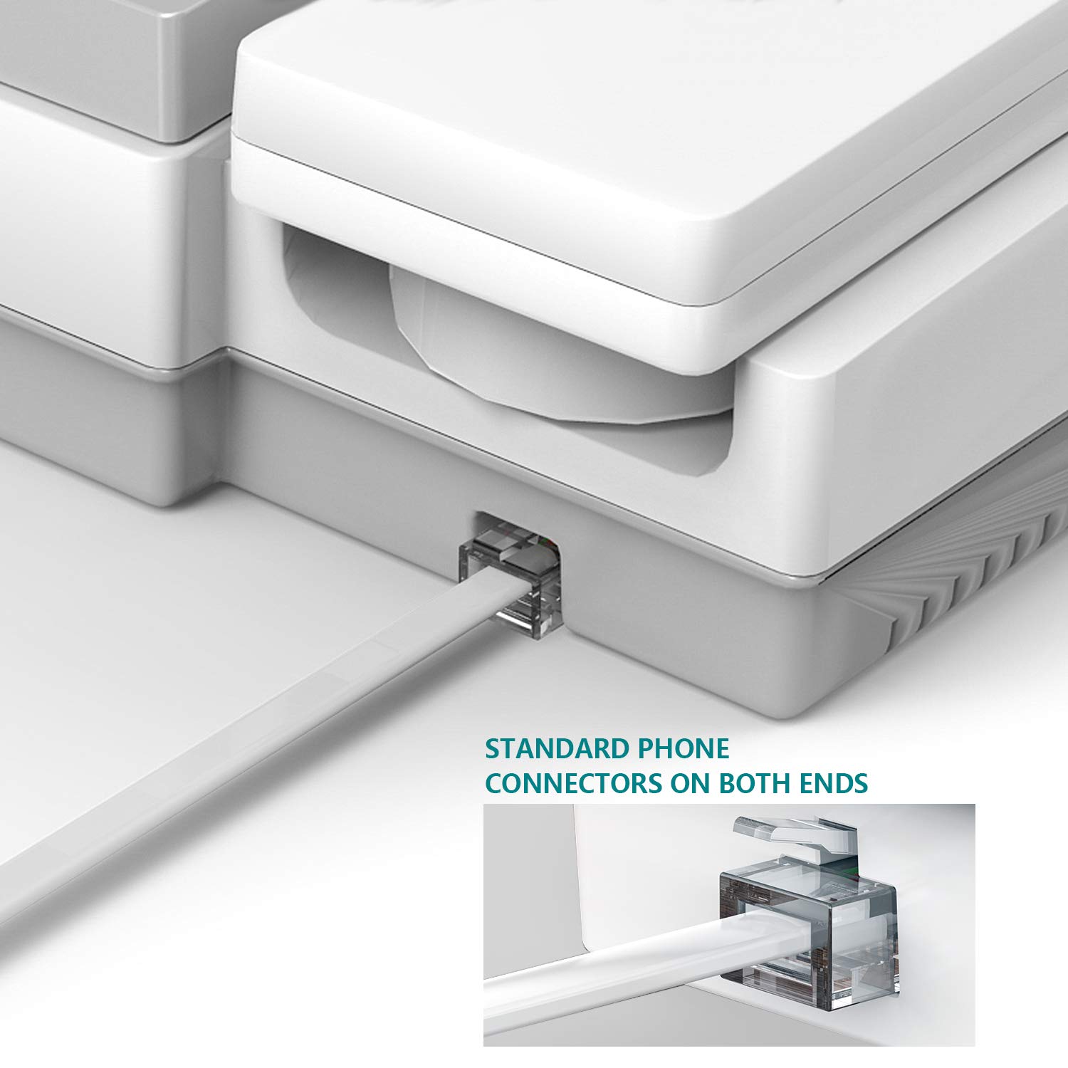 Phone Extension Cord 25 Ft, Telephone Cable with Standard RJ11 Plug and 1 in-Line Couplers and 20 Cable Clip Holders, White