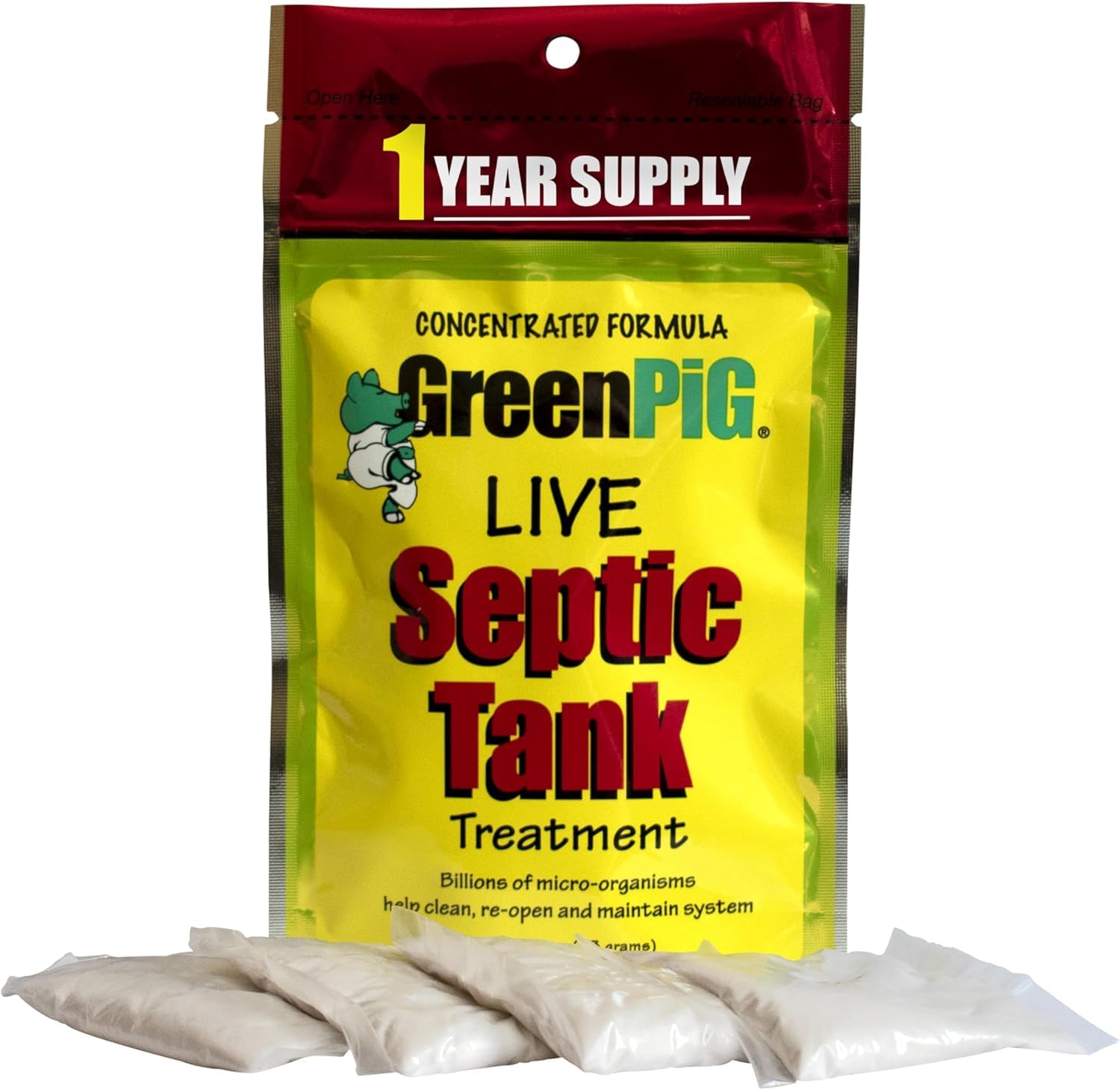 GREEN PIG 63 Fórmula de emergencia para tratamiento de tanque séptico que elimina rápidamente las obstrucciones del sistema del tanque séptico, respaldos, olores desagradables y desbordamiento,