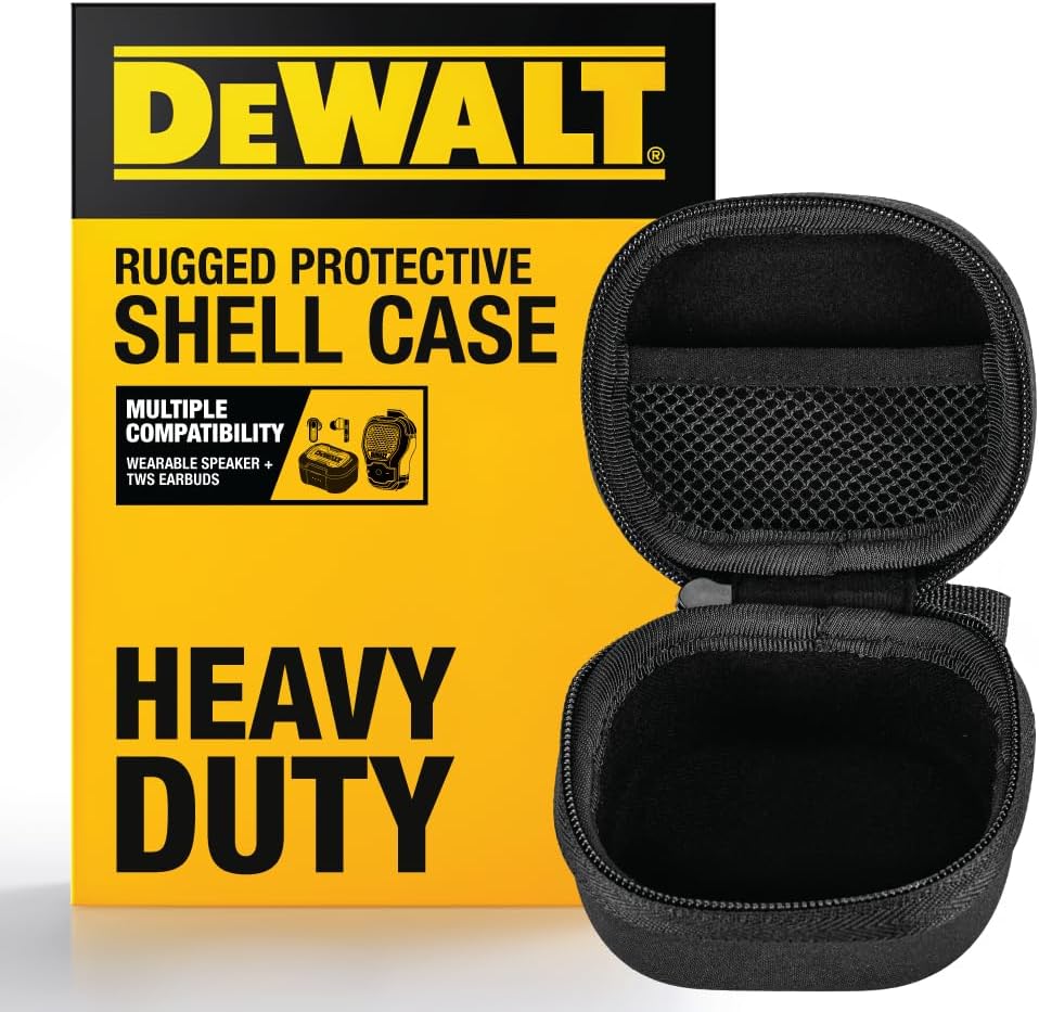 DEWALT Heavy Duty Protective Headphone Case for TWS Earbuds & Wearable Speaker, Compact Lightweight w/EVA Headphone Case Hard Shell, Shockproof, Water-Resistant, Soft Interior & Accessory Mesh Pocket