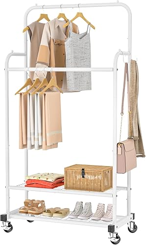 Double Rod Clothes Garment Rack, Heavy Duty Clothing Rolling Rack for Hanging Clothes, Portable Clothes Organizer for Bedroom, Living Room, Clothing
