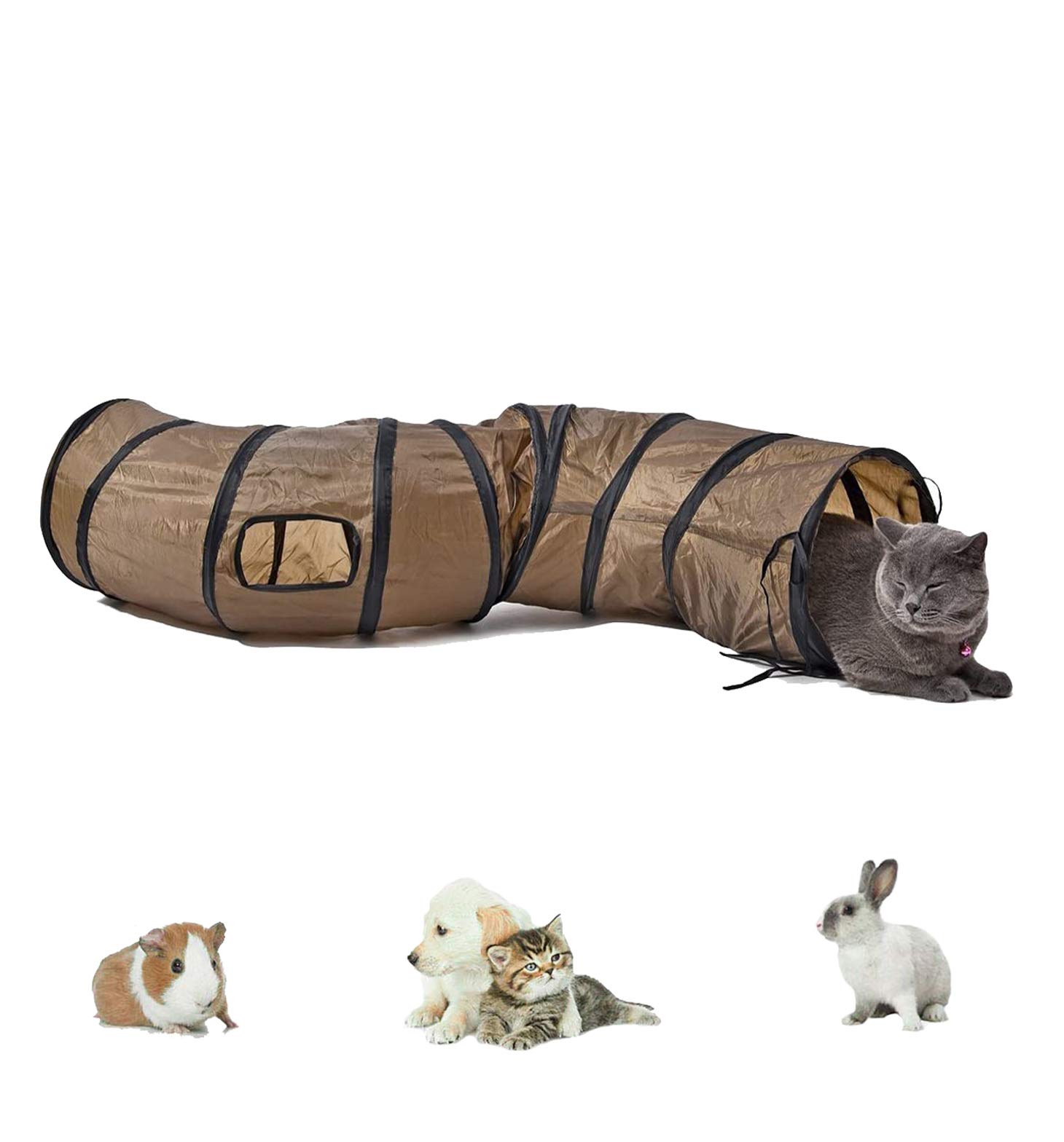 Labyrinthe à 5 tunnels interactif, pliable et léger en tissu froissé avec pompon et cloches pour chats, petits lapins, chatons, chiots, furets ou cochons d’Inde