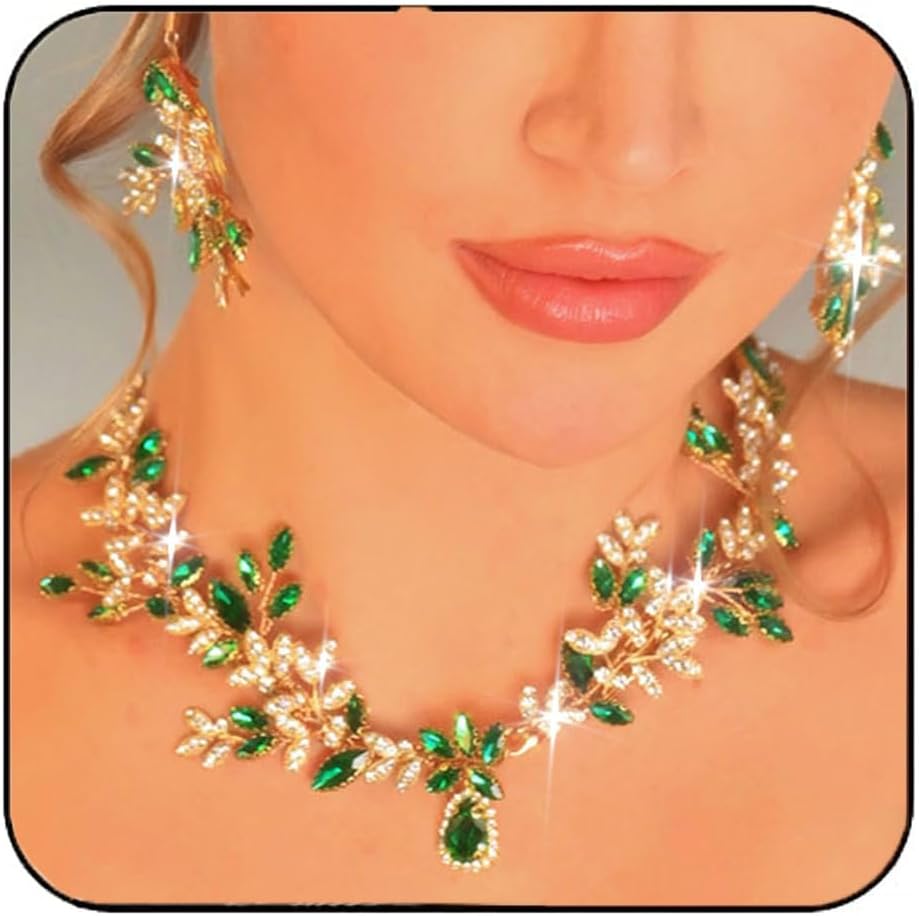 Aukmla Green Crystal Bridal Jewelry Set Gold Rhinestones Wedding Necklaces Earrings Sets Pearl Prom Costume Jewelry for Women and Brides