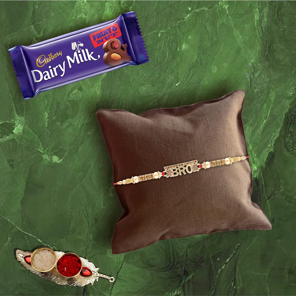 SFU E Com Bro Design Rakhi With Cadbury Dairy Milk Fruit & Nut Chocolate|Rakhi Chocolate Gift For Brother|Roli, Chawal, Chandan, Misri|059,100 Grams