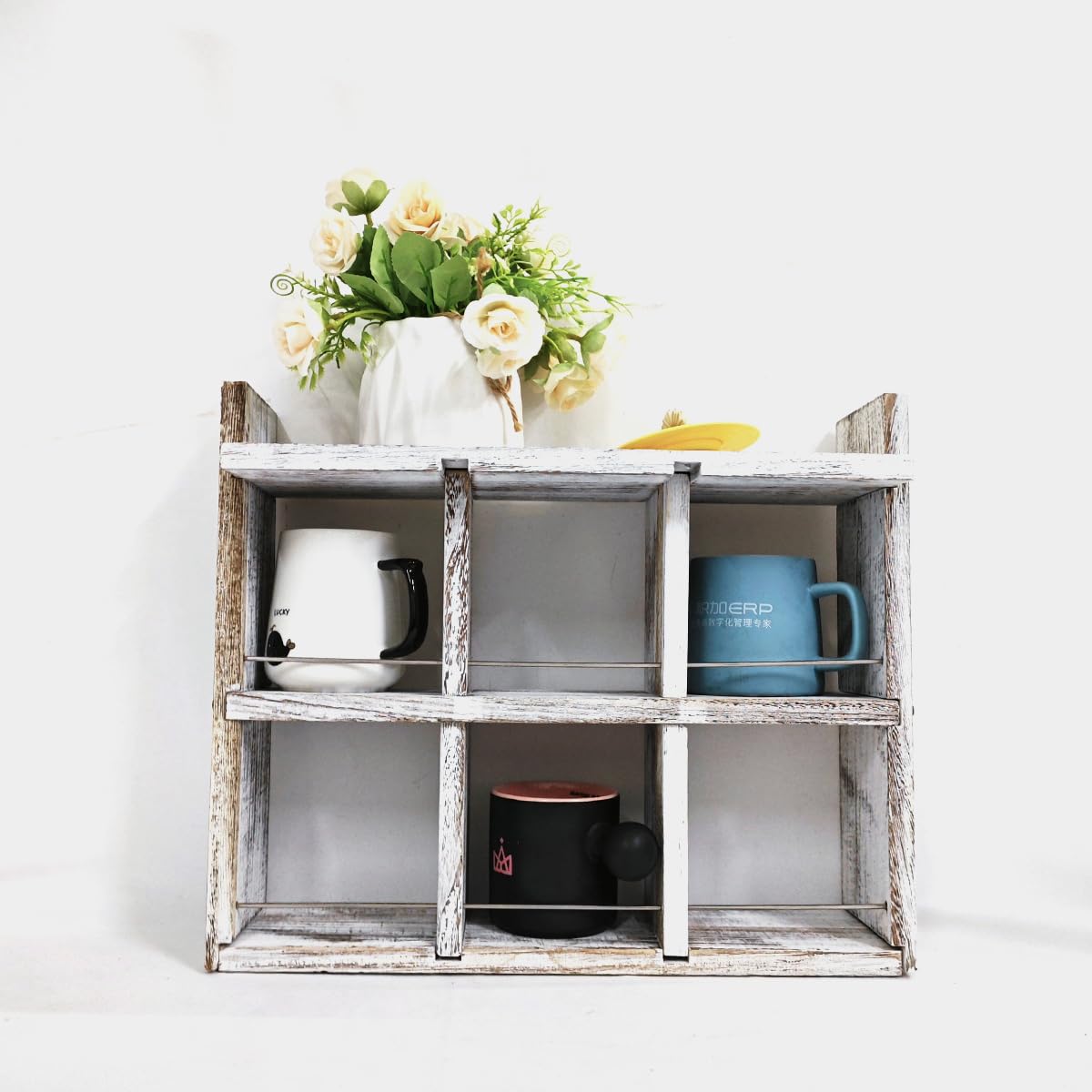 YIYUESHIJIU Coffee Mug Display Rack?Wooden Mug Cup Holder Shadow Box Shelf Wall Mounted Cup Shelf Mug Display and Organizer with Dustproof top Plate (Old White)