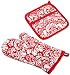 DII Cotton Damask Oven Mitt 12 x 6.5" and Pot Holder 8.5 x 8" Kitchen Gift Set, Machine Washable and Heat Resistant for Cooking and Baking-Red