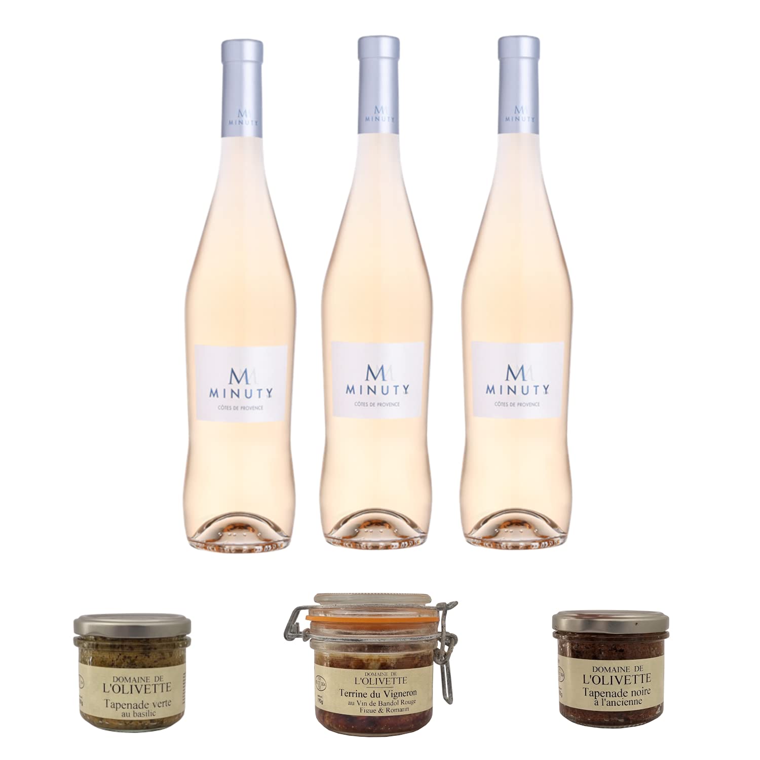 Box aperitivo 100% Provenza: 3 * M Minuty Rose 2020 (75cl) + 2 + 1 Tapenades terrina Vigneron