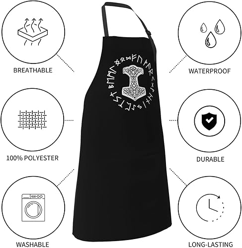 Miniatura 6 de Vikings Mjolnir And Rune Wheel Norse Mythology Symbol Waterproof Apron Adjustable Kitchen Apron