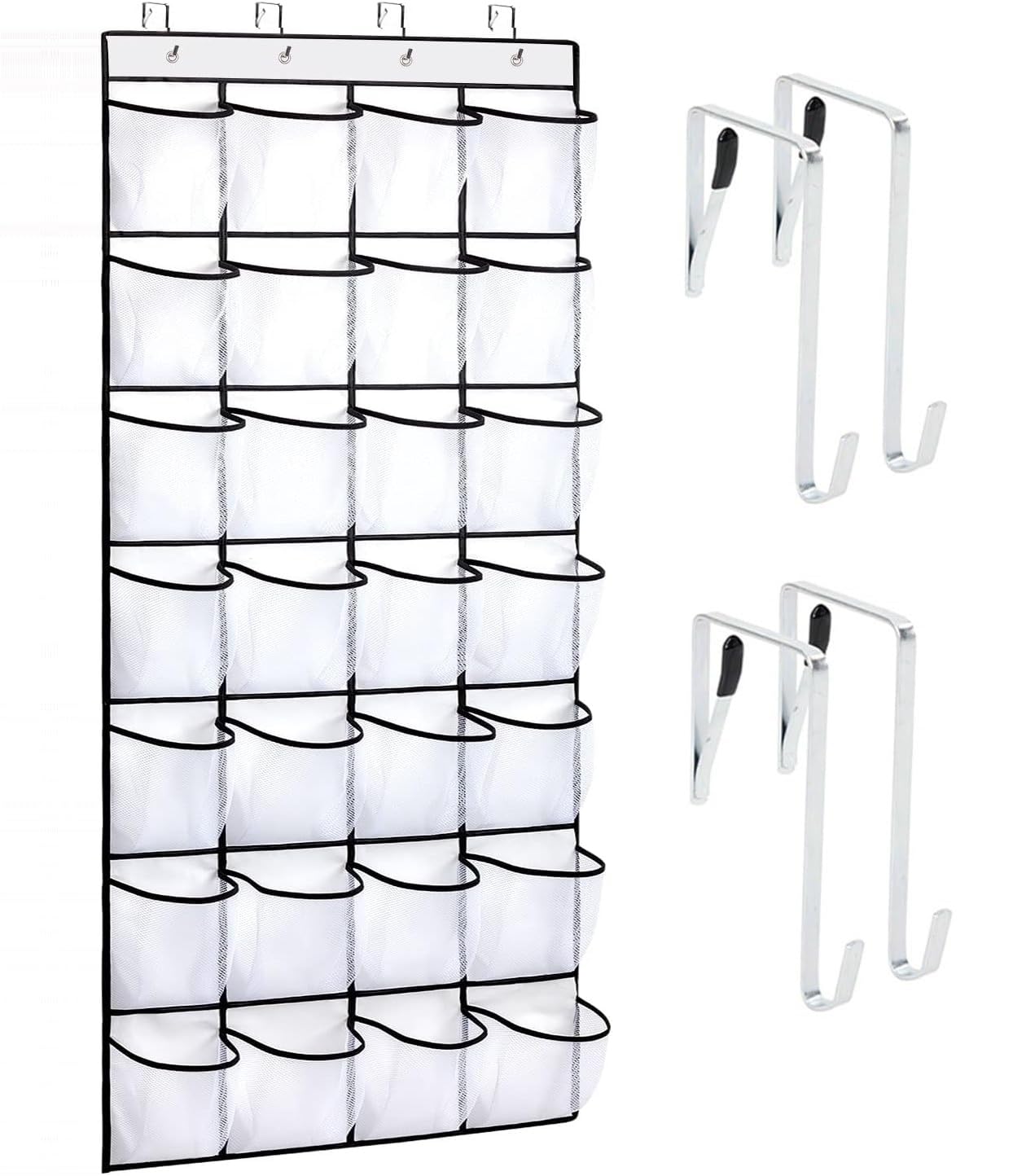 FEBLICH 28 Pocket Over The Door Hanging Shoe Organizer, Storage Rack Behind Door Nails Free With Hooks To Hang For Space Saver At Home (28 Pocket - White)