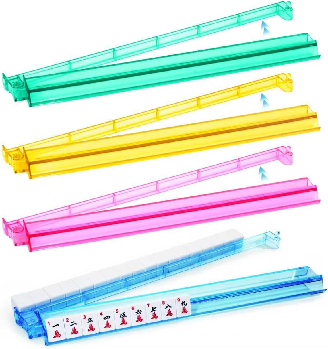 4 PCs Mah Jongg All-in-One Tile Rack & Pusher, Acrylic Mahjong Rack and Pusher Combo, Modern American Majiang Tile Racks Set of 4 (Multi-Color)