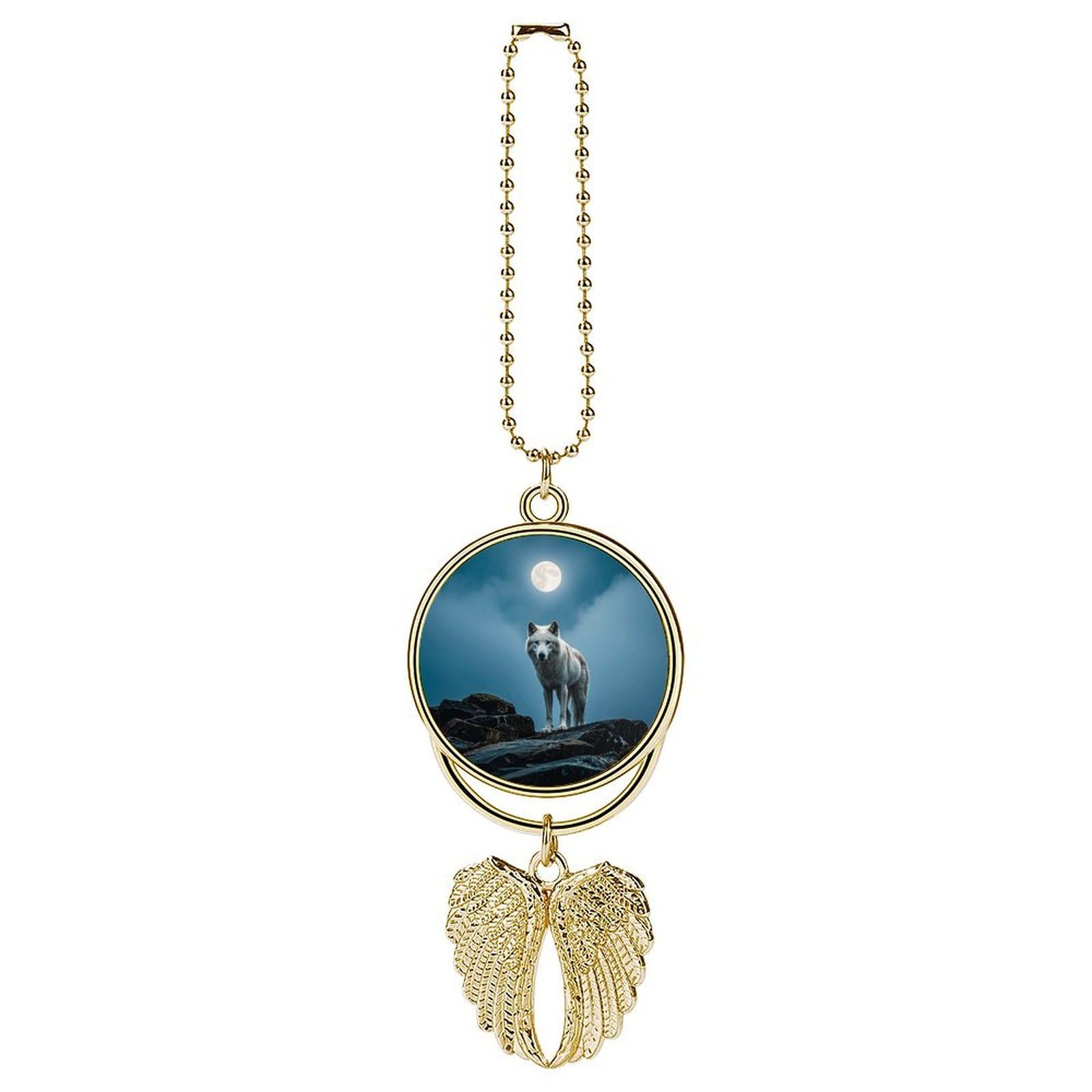 The White Wolf on The Rock Car Charm, Alloy Rear View Mirror Pendant, Bling Funny Car Hanging Ornament Gift for Women Men, Car Pendant Lucky Auto Interior Decoration Accessories Golden-Style