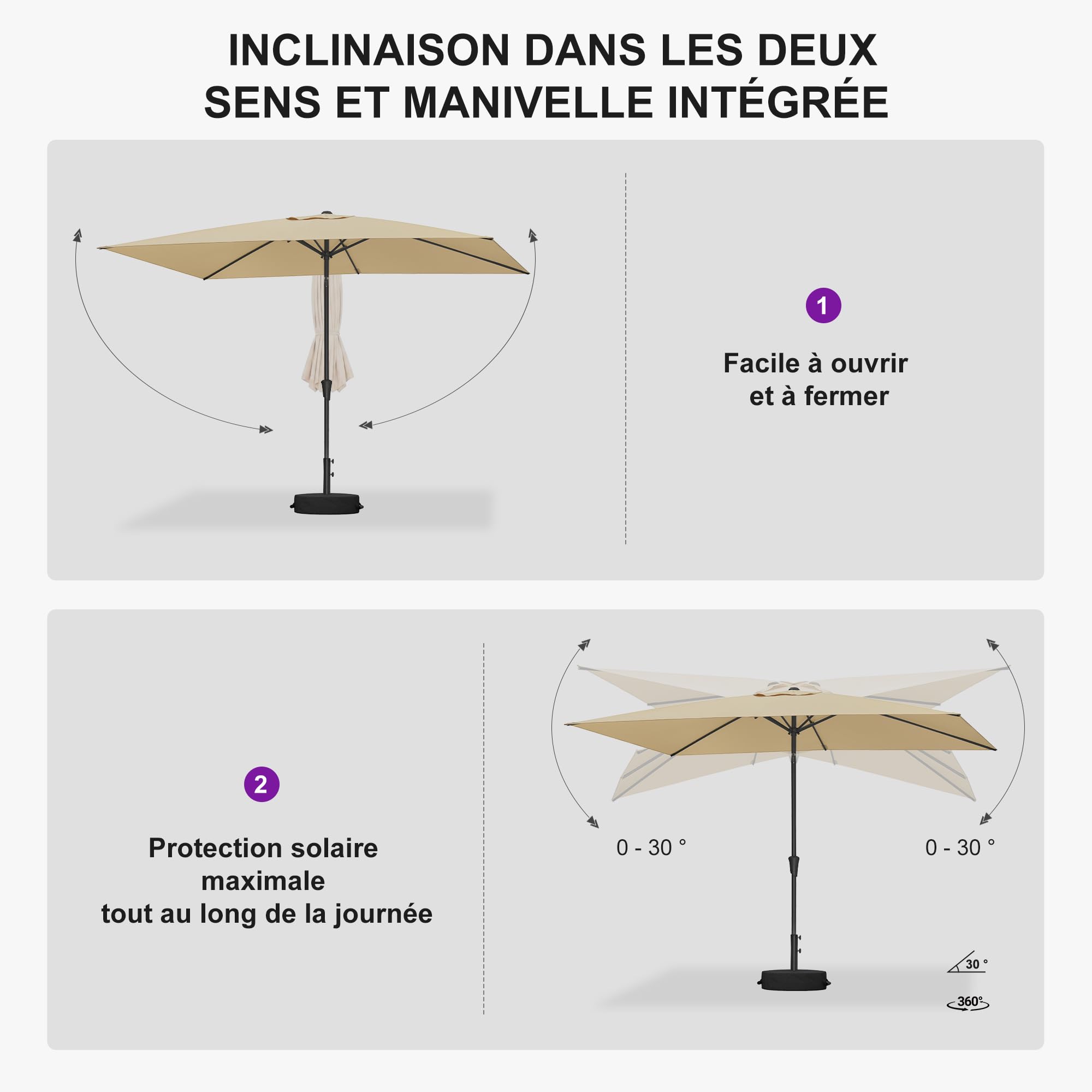 PURPLE LEAF Parasol de Jardin Extérieur Rectangulaire 200 x 300 cm avec Pied, Parasol Toile Toile Anti-UV 180 g/m² avec Inclinable des Deux Côtés pour Balcon, Terrasse, Plage, Beige