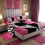 Manfei Leopard Sheet Set Full Size, Love Heart Bed Sheet Set 4pcs with Deep Pocket Fitted Sheet + Flat Sheet + 2 Pillowcases, Black White Pink Leopard Zebra Print Bedding Set for Kid Girls Room Decor
