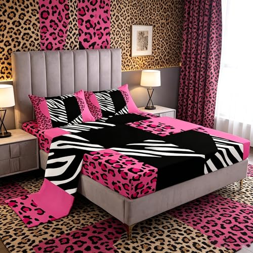 Manfei Leopard Sheet Set Queen Size, Love Heart Bed Sheet Set 4pcs with Deep Pocket Fitted Sheet + Flat Sheet + 2 Pillowcases, Black White Pink Leopard Zebra Print Bedding Set for Kid Girls Room Decor