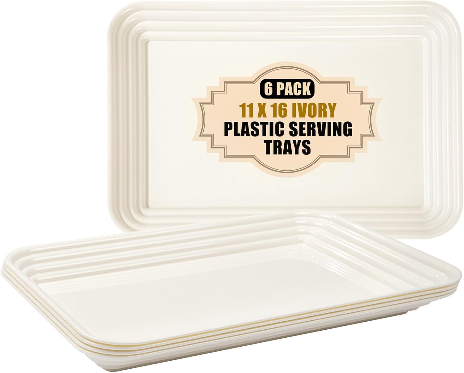 SUT 6-Pack Ivory Serving Trays for Entertaining-16 x 11" Serving Platters for Snacks, Fruit, Cookies, Dessert, Reusable Plastic Trays for Serving Food