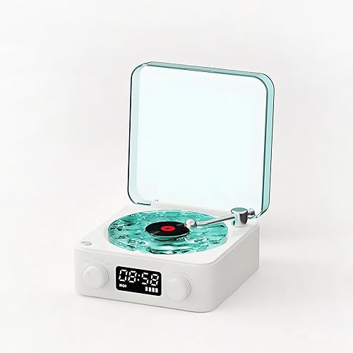 Altavoz estilo tocadiscos con altavoz pequeño con pantalla de tiempo y luz nocturna, altavoz multifunción para dormitorios, salas de estar, oficinas