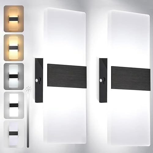 TRLIFE Apliques de pared LED regulables, apliques de pared modernos de 4 colores de temperatura de 12 W, juego de 2 luces de pared regulables para