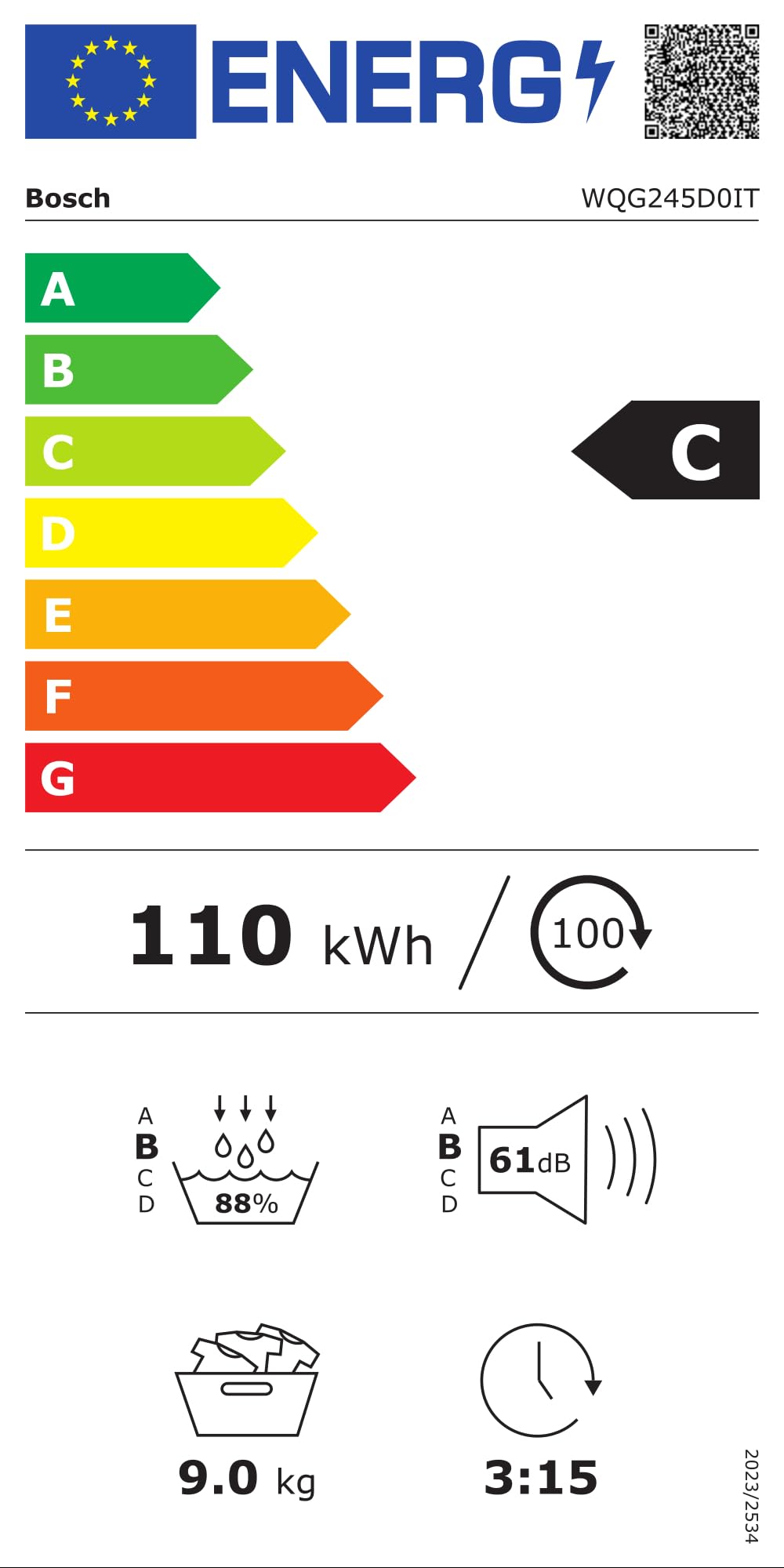 Bosch WQG245D0IT Serie 6 Asciugatrice smart a pompa di calore, 9 kg, Classe energetica C, Condensatore autopulente, Cestello per capi in lana, Sensori di asciugatura intelligenti, Bianco, 60 Cm