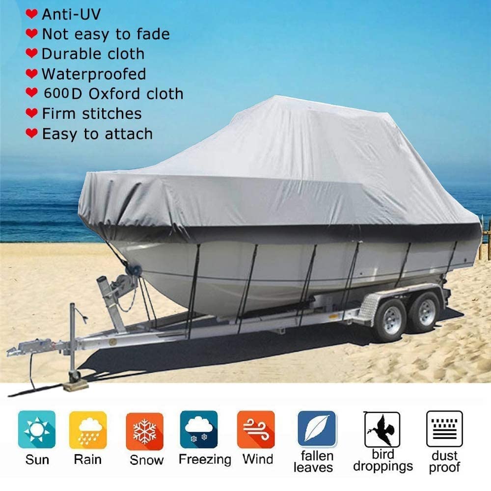 Taud de Bateaux Bache Bateau Housse de Bateau 600D Oxford Imperméable,Anti-déchirure,Anti-UV,Anti-Neige,Toutes Les Saisons avec Corde Fixe pour Protégez Le Navire,Grey-17-19FT:600 * 310cm