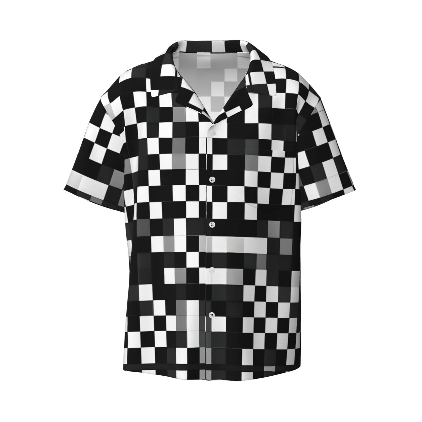 Mdatt Men's Black White Formula Checkered Pattern Shirt Short Sleeved Color Button Down Beach Shirt Tropical Holiday, Xxl