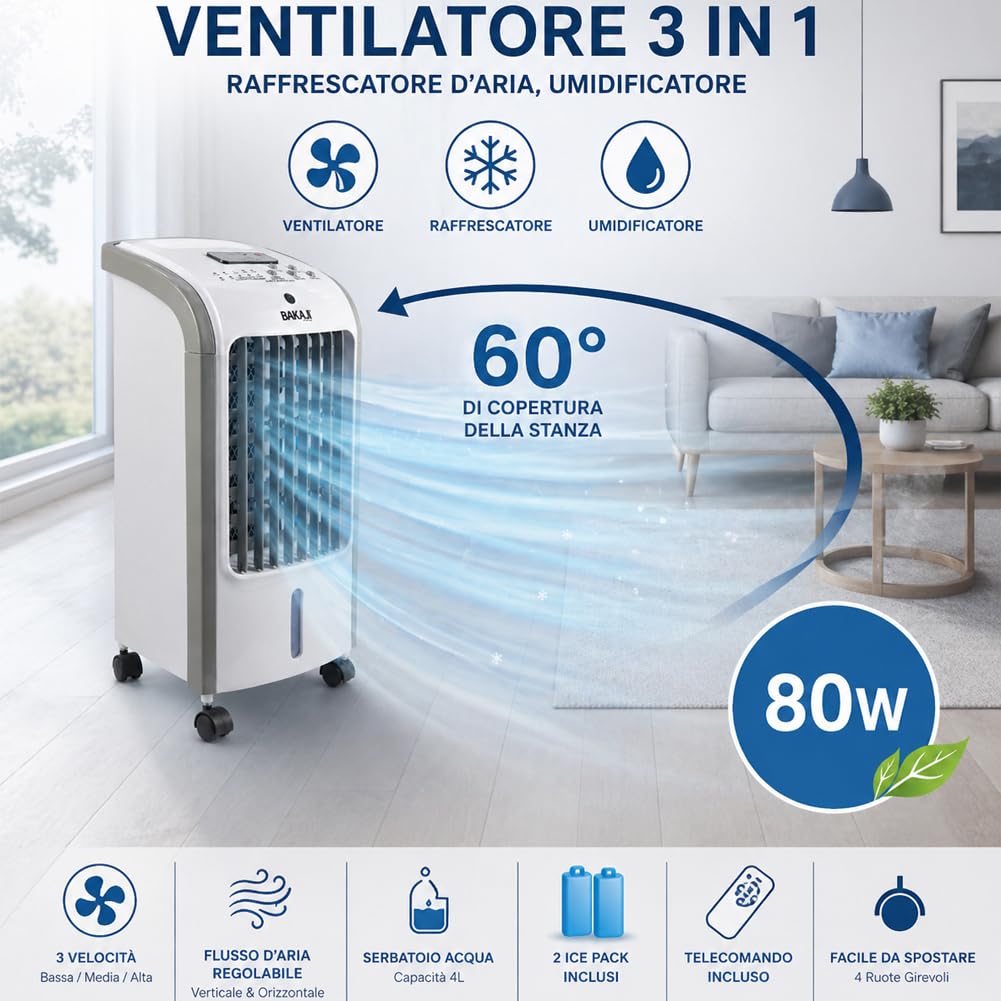 BAKAJI Raffrescatore ad Aria Fredda con 2 Blocchi Refrigeranti e Telecomando per Controllo da Distanza, Serbatoio 4 Litri, Air Cooler Silenzioso, Oscillazione Automatica 60°, 25 x 26.5 x 57 cm
