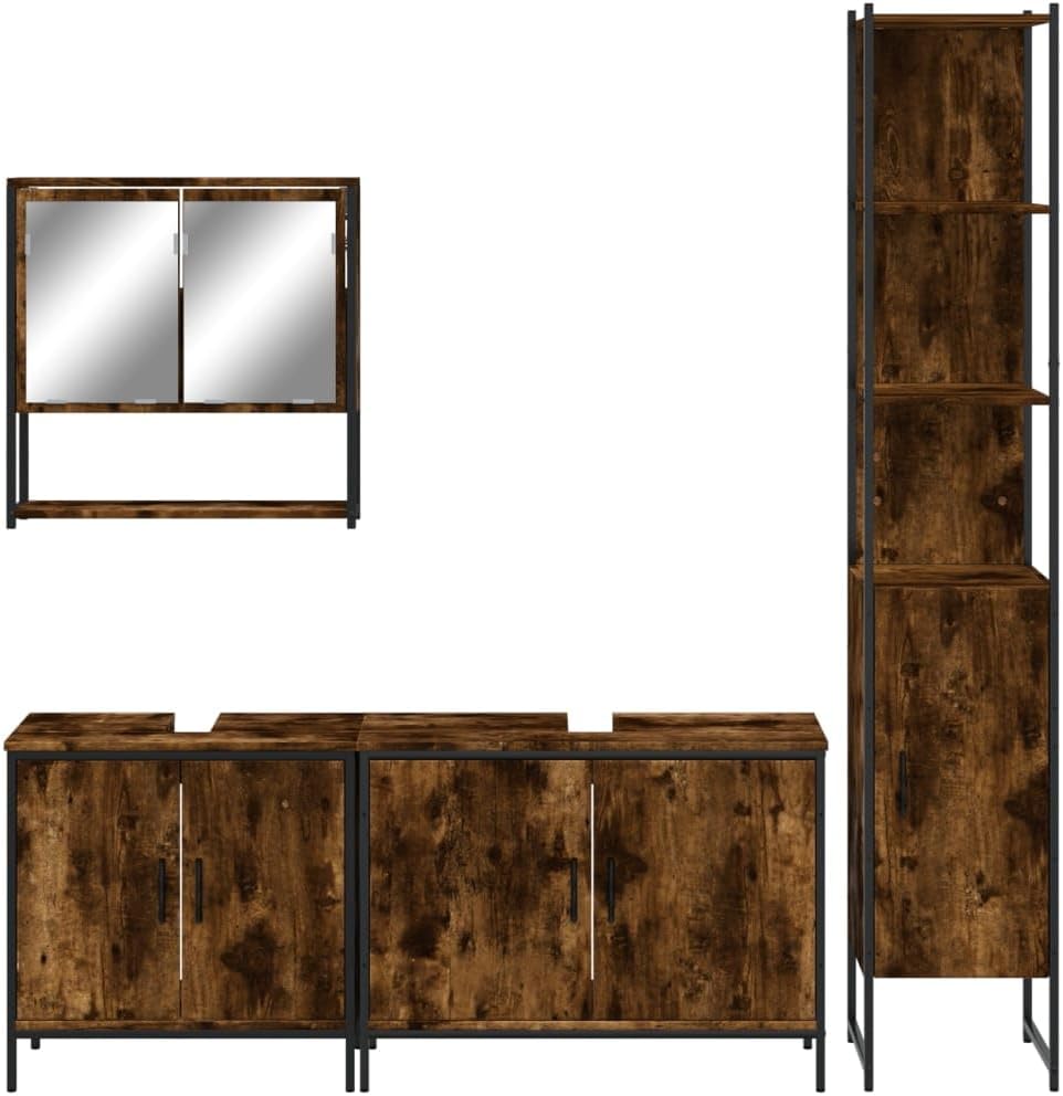 vidaXL 4 Piece Bathroom Furniture Set, Bathroom Cabinets with Storage, Wall Mirror, Toilet Shelves, Smoked Oak Plywood, Onesize, 3214692