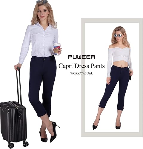 Miniatura 5 de PUWEER Pantalones capri para mujer, elegantes, casuales, elásticos, rectos con bolsillos