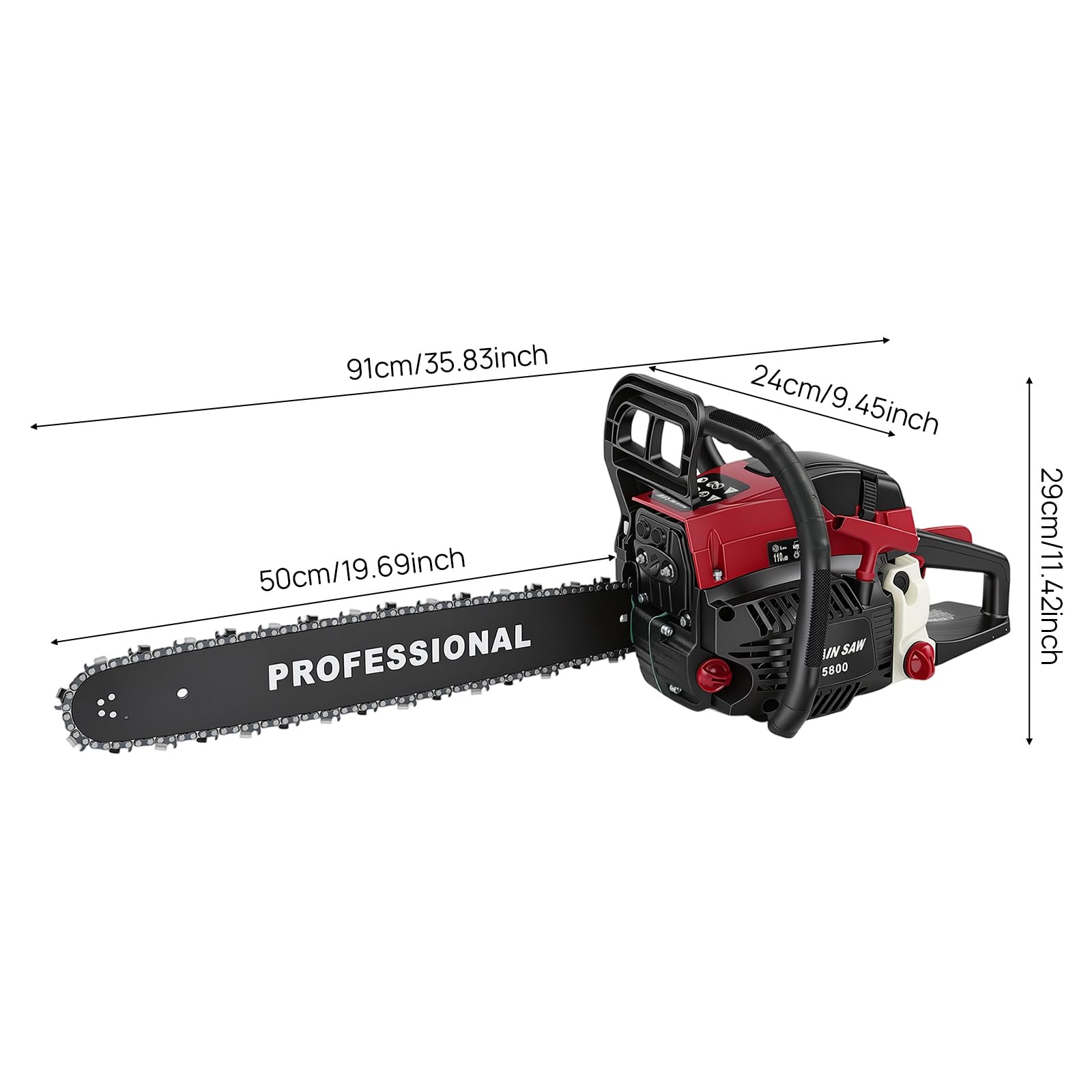 Motosierra de gasolina de 2,4 kw, motor de 2 tiempos de 58 cc, 10000 rpm, motor de un solo cilindro refrigerado por aire, 50 cm de longitud de corte, motosierra de gasolina con bolsa de herramientas y