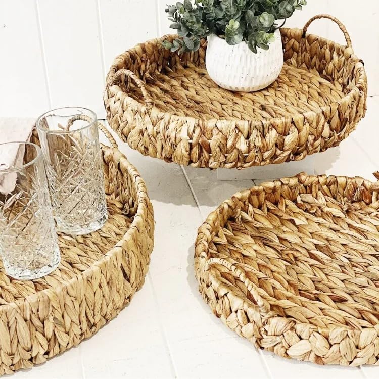 Deconox 3'lü Rustik El Yapımı ve Doğal Yuvarlak Hasır Kulplu Tepsi Seti, 3'lü Hasır Yuvarlak Kulplu Tepsi Seti, Rattan 3 Boy Tepsi (38 * 6cm-34 * 6cm-30 * 24 * 6cm)
