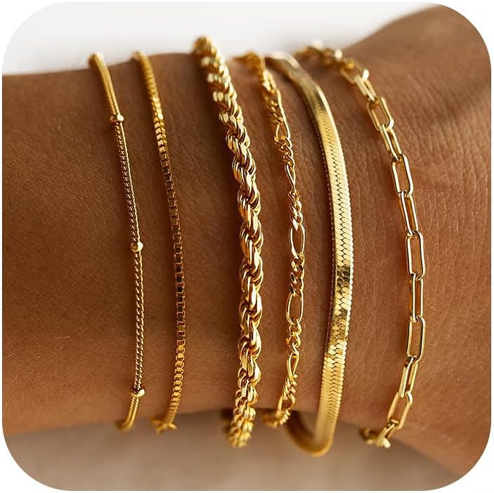 14K Chic Waterproof 14K Gold Plated Stackable Bracelet Set for Trendy Women 14K Gold Plated Process Finish Bracelets for Women & Each Bracelets Length6.5"+2" extender. Chic Waterproof 14K Gold Plated Stackable Bracelet Set for Trendy Women
