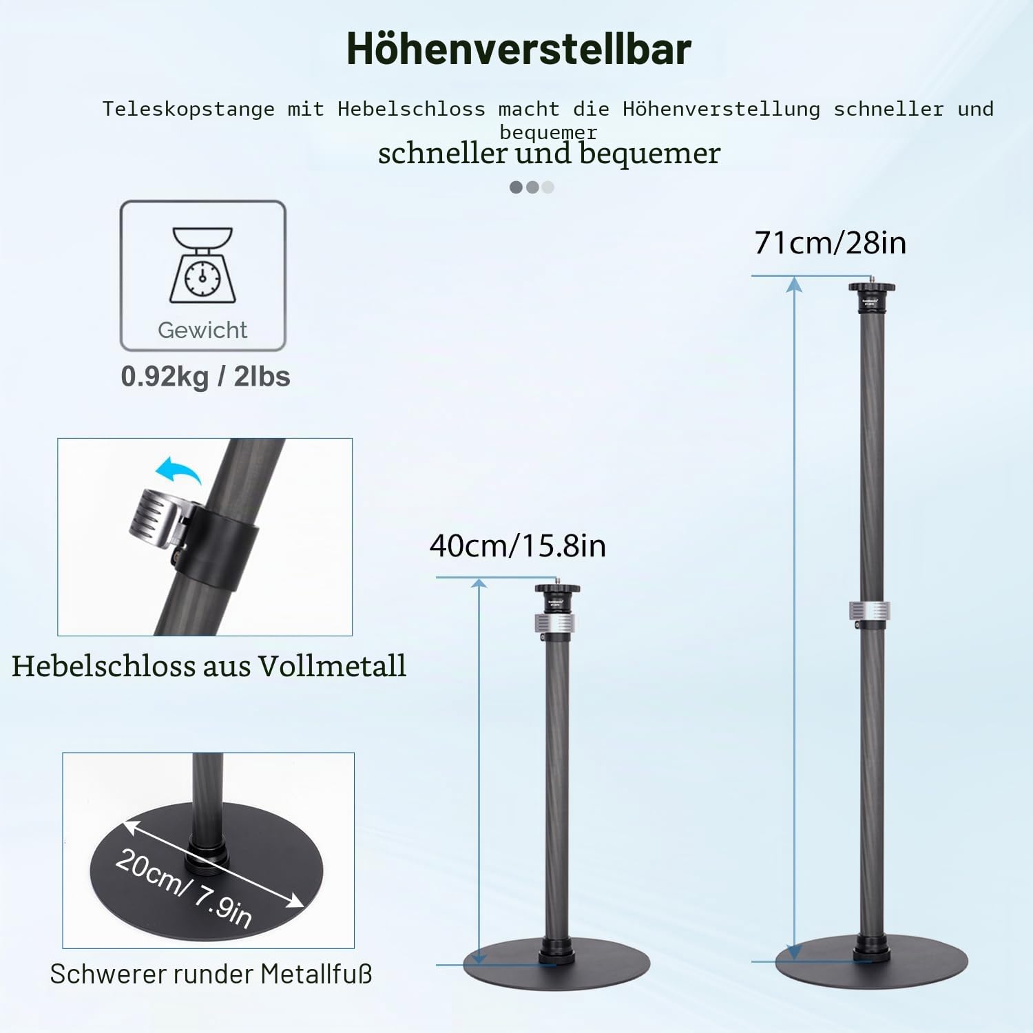 Koolehaoda Stativ-Ständer, ausziehbares Einbeinstativ, Kohlefaser-Stange mit runder Basis für Schreibtisch, 360° drehbarer Kugelkopf, Tisch-Webcam-Ständer für DSLR-Kamera, Licht, Webcam