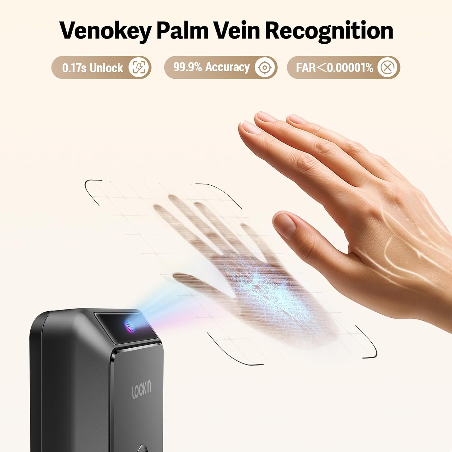 A hand interacting with the Lockin Veno Smart Lock, highlighting the palm vein recognition area with blue and red light beams.