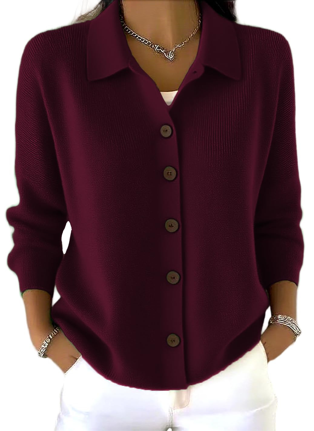 Womens Button Up Cardigan Sweaters Chunky Knit Long Sleeve Lapel Collared Tops Fall Winter Fashion Clothes