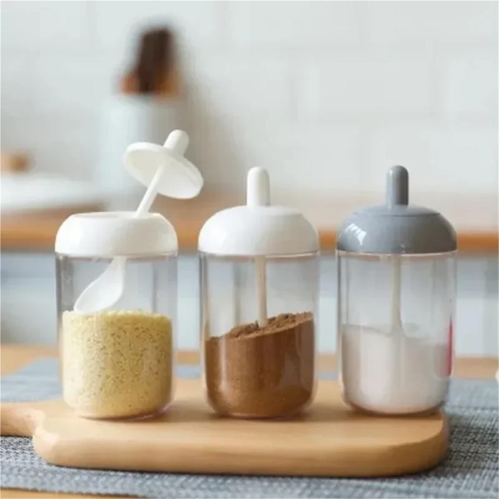 Tarro de especias redondo con tapa, cuchara, botella condimento, caja sellado, organizador cocina, 2 uds(Grey)