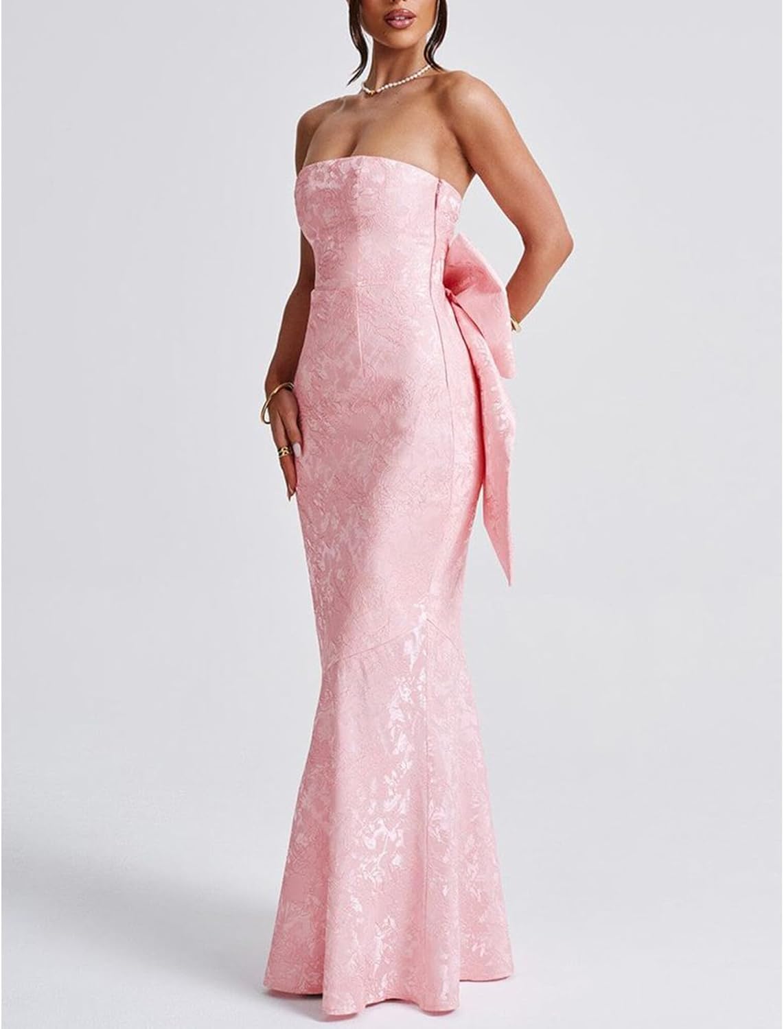 AKLASU Satin Strapless Prom Dress with Bow Mermaid Long Floral Jacquard Corset Formal Evening Gowns - Image 3