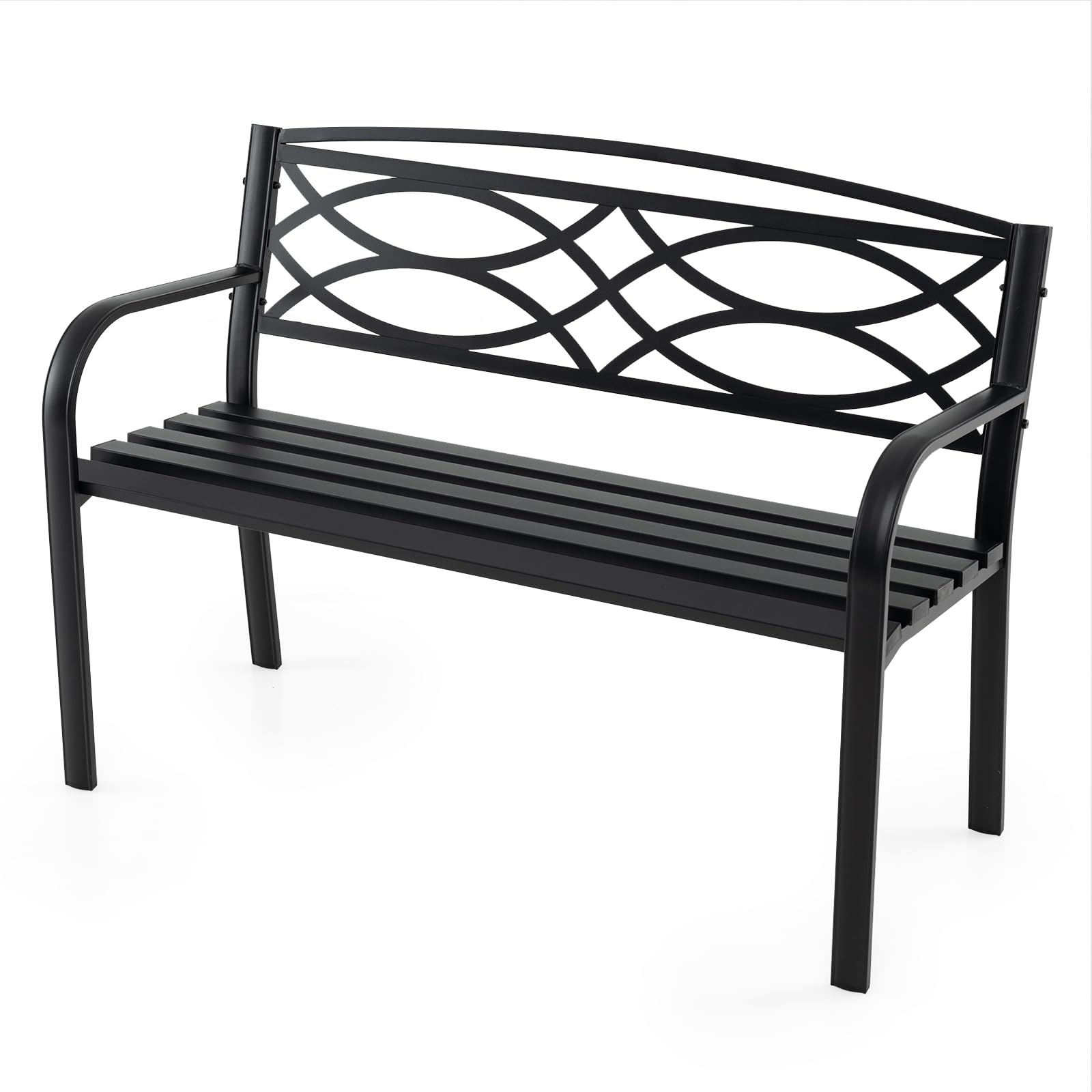 KOMFOTTEU Panca da Esterno in Metallo, Panchina da Giardino 2 Posti con Braccioli, Schienale Ergonomico e Seduta a Doghe, Resistente agli Agenti Atmosferici, Panca da Terrazza, Parco, Cortile, Nero