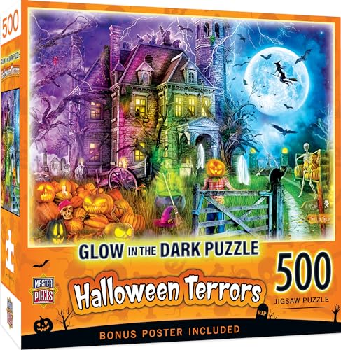 Image of MasterPieces Halloween Puzzle 500 Pieces Glow in the Dark Jigsaw, Spooky Seasonal Artwork, Random Cut Jigsaw Design with Matte Finish, Vibrant Nighttime Art, Halloween Puzzles 500 Pieces Collectible