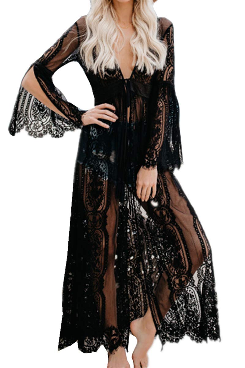 LikeJump Vestido Floral Encaje Transparente de Playa Kaftan Kimono Pareos Cover Ups para Mujer