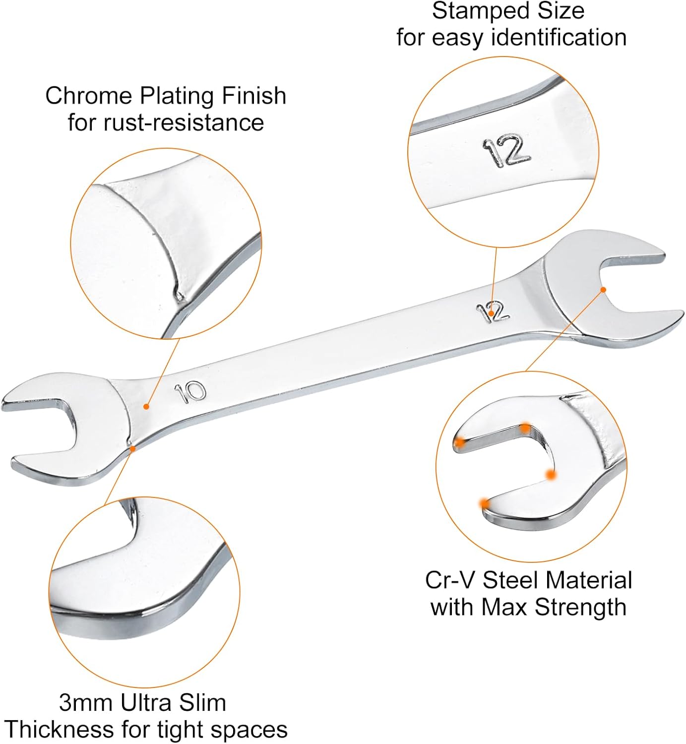 HARFINGTON 2pcs Super Thin Open End Wrenches Metric, 10mm x 12mm, Slim Chrome-Vanadium Steel Wrench Tool for Tight Spaces Repair