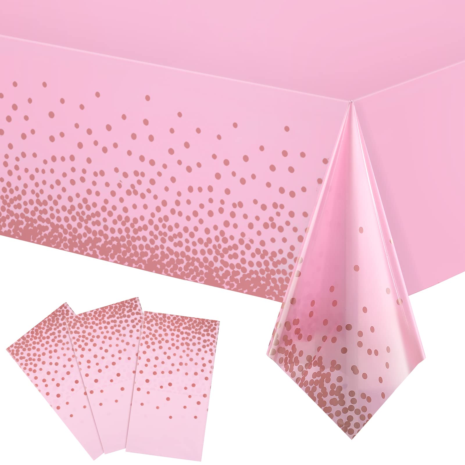 Breling 3 Pieces Dot Tablecloth Confetti Rectangle Plastic Disposable Table Cover for Birthday Wedding Baby Shower Engagement Anniversary Bachelorette Party, 54 x 108 Inch (Pink and Rose Gold)