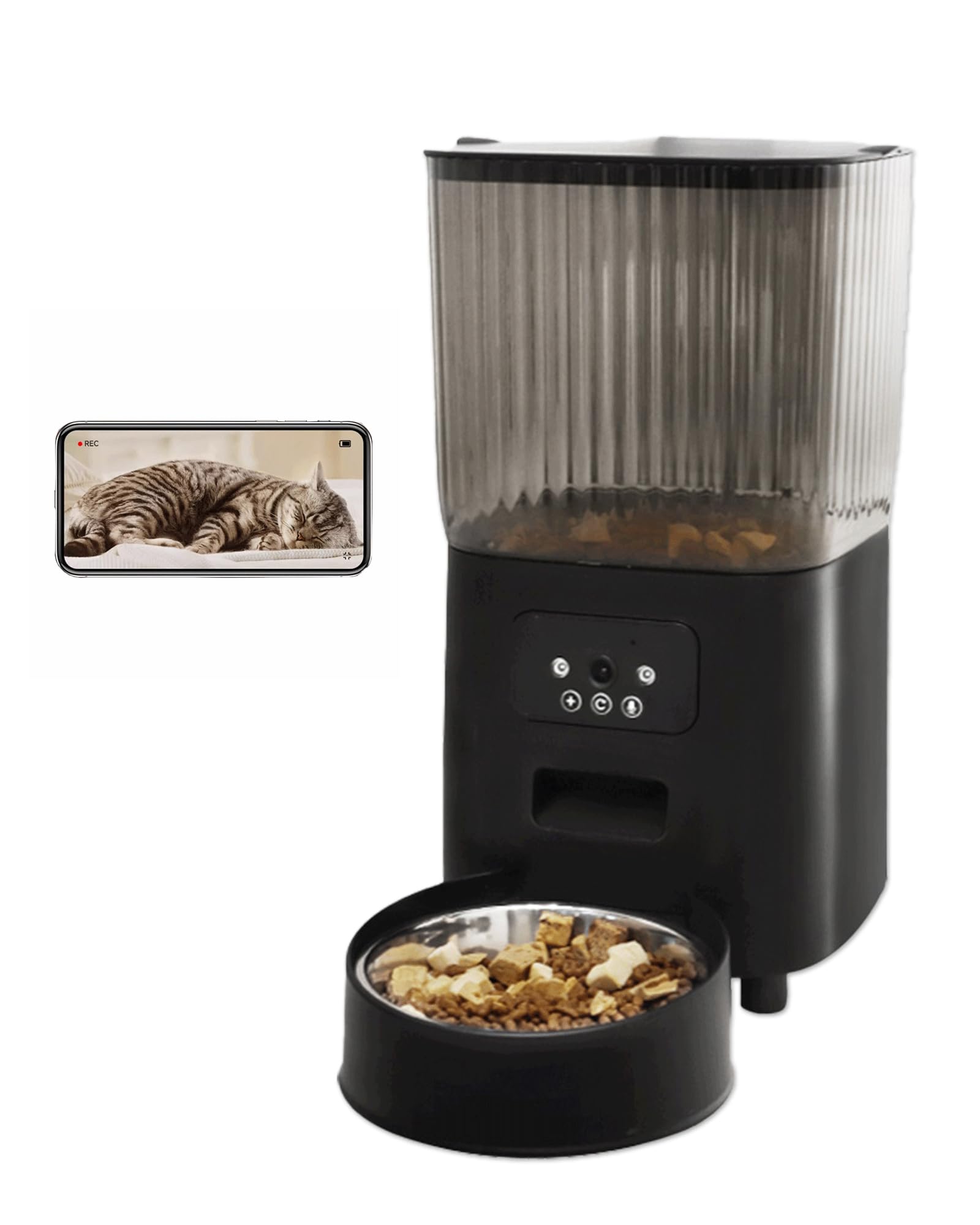 Junbec-Pet Automatic Cat Feeder Camera, Auto Dog Dry Food Dispenser 5L WiFi Pet Timed Electric Small Smart APP Self Feeding Stainless Steel Bowl (