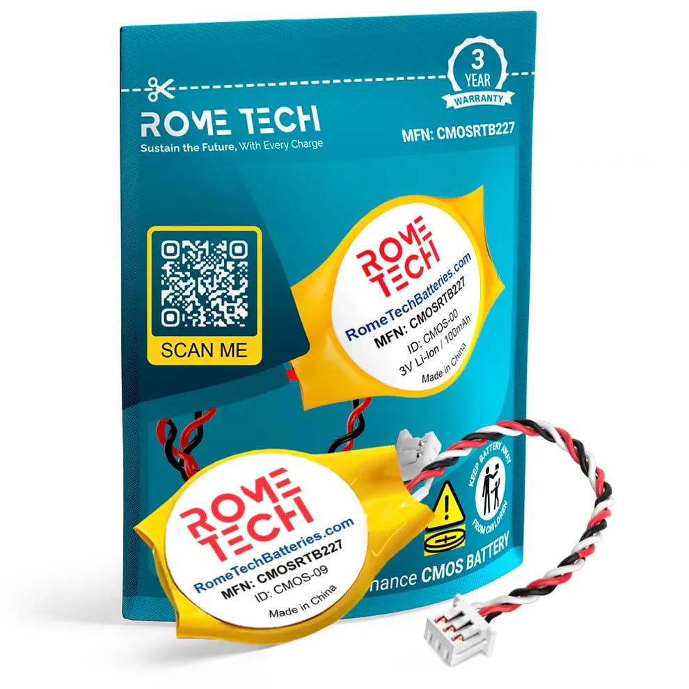 Rome Tech CMOS Battery for Dell Inspiron 1318, Precision M6400, M6500, Vostro 1500, XP - Laptop Backup BIOS RTC 3V CR2032 with 3 Wire Cable (1-Pack)