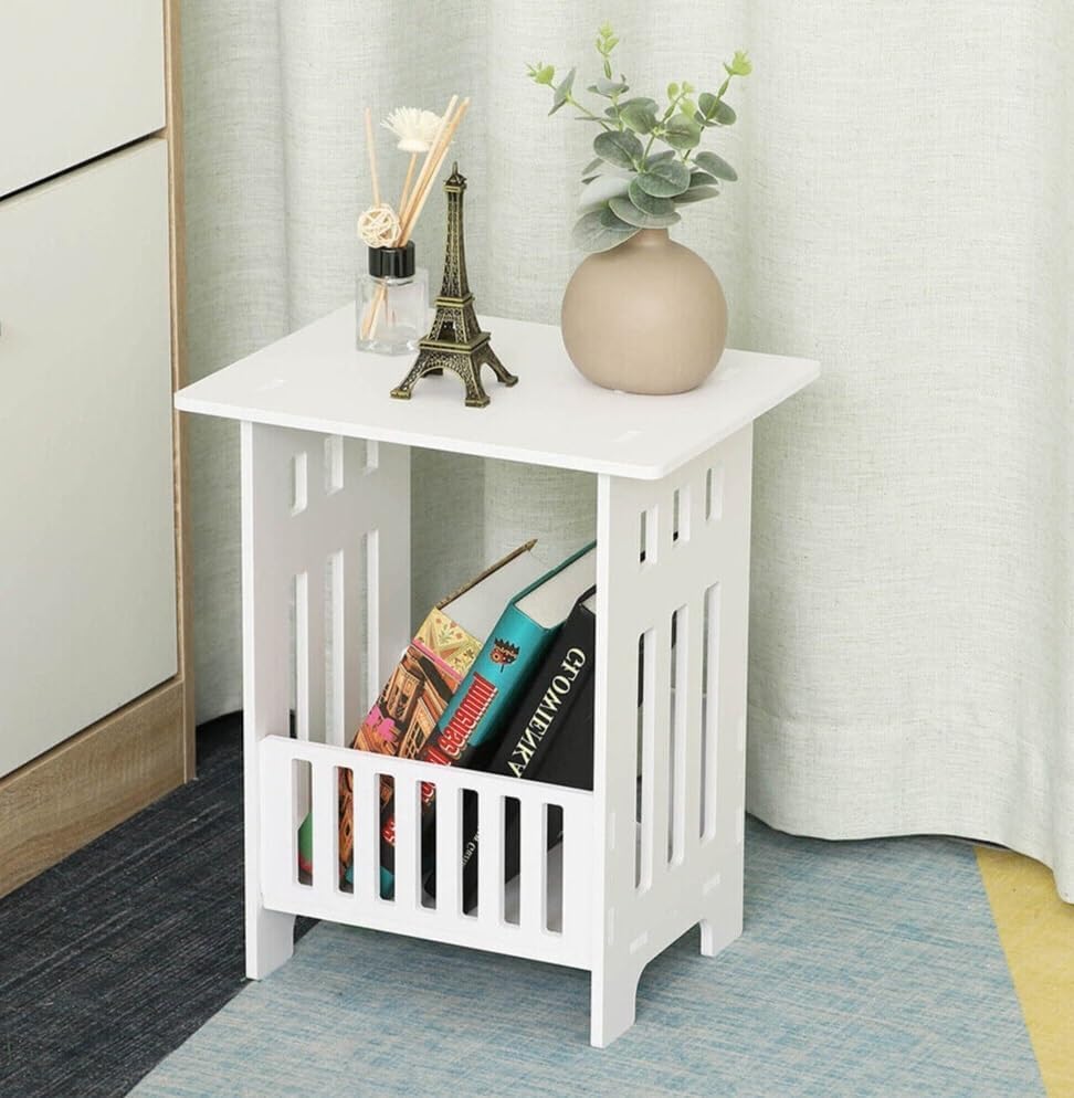 sanjianke-fsWhite Bedside Table, End Table with Storage Shelf Basket, Side Table Small Spaces, Slim Coffee Tables, White Nightstand, Sofa Table for Living Room, Bedroom, Bathroom, Balcony