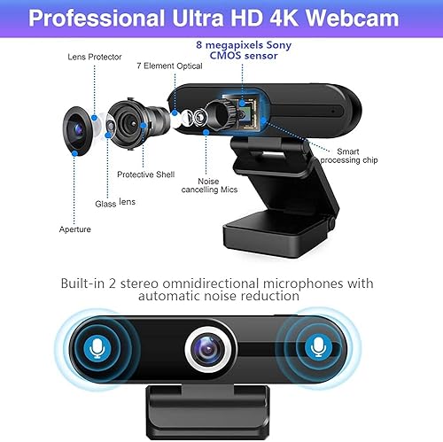 Miniatura 3 de GoHZQ Cámara web 4K con micrófono y cubierta de privacidad, cámara USB Ultra HD de 8 MP para computadora/portátil/Switch 2, videollamadas Pro