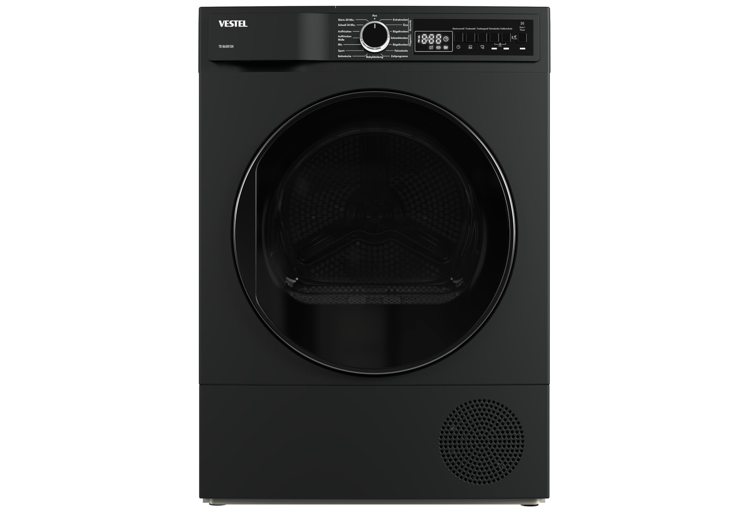VESTEL TD 86301 DX Wärmepumpe Frontlader, 8 kg, 15 Programme, 20 Min. Schnellprogramm, Knitterschutz, PearlDrum-Schontrommel, Dark Inox