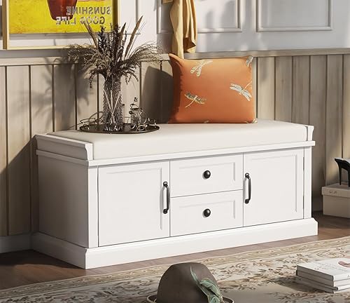 Miniatura 1 de Kennkari Banco de almacenamiento con cajones y 2 armarios, banco de zapatos con cojín extraíble para entrada, pasillo, vestíbulo, sala de estar,