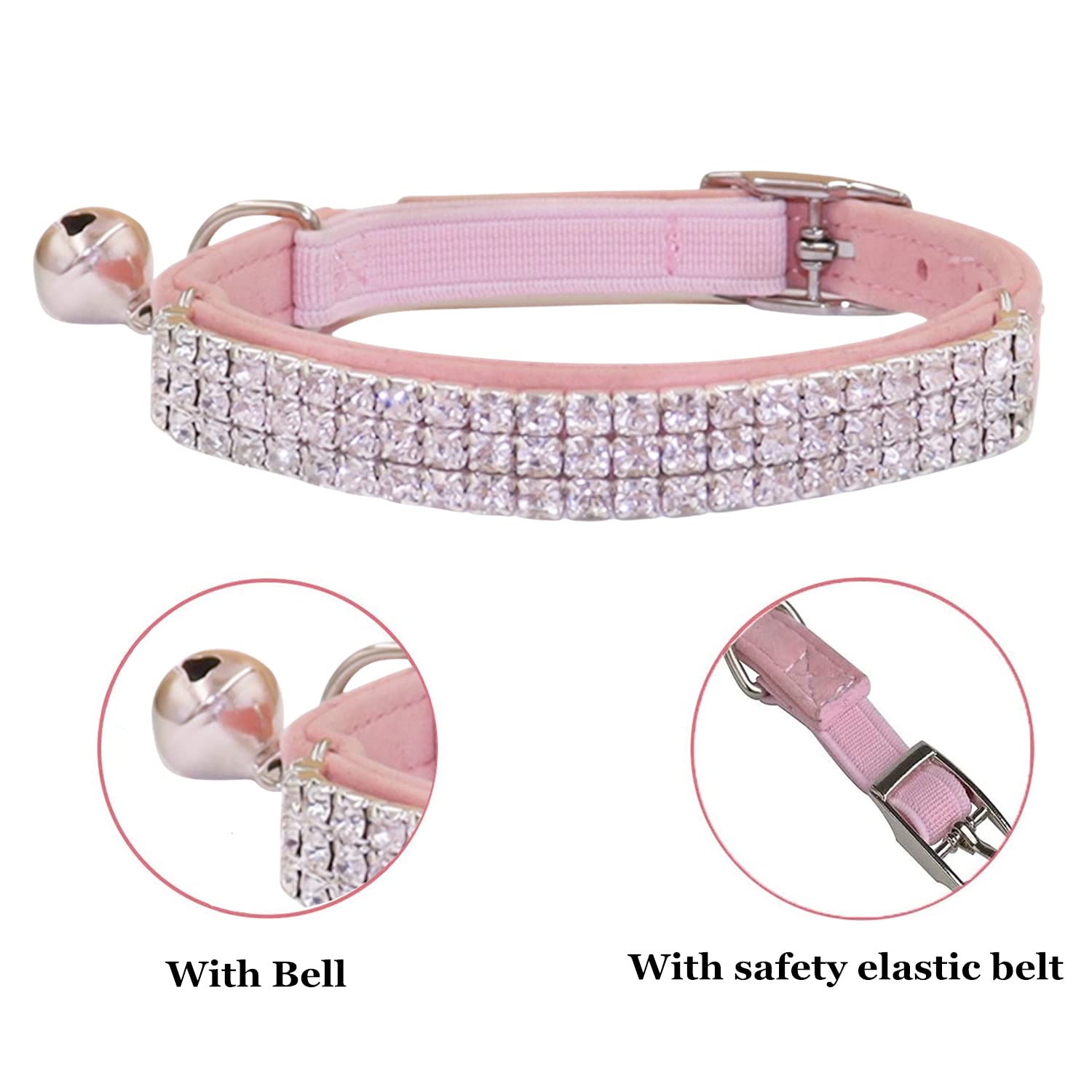 THAIN Hundehalsband mit Strasssteinen, weich, samtig, sicher, verstellbar, mit Glöckchen, 20,3–27,9 cm, für kleine Hunde und Katzen (Rosa + Schwarz)