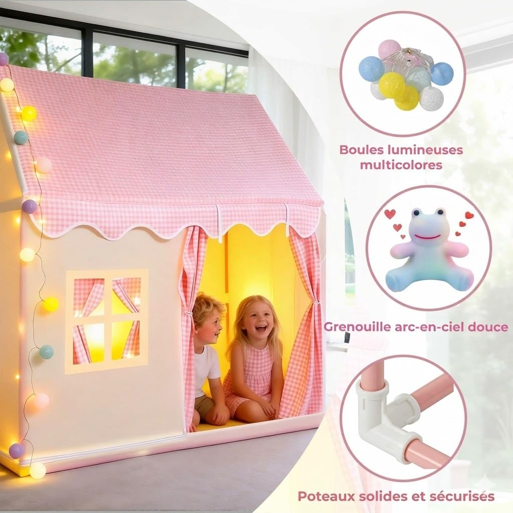 Tente de Jeu Pop-up Princesse Rose pour Fille avec Lumières et Peluche Grenouille Arc-en-Ciel 120x105x128 cm