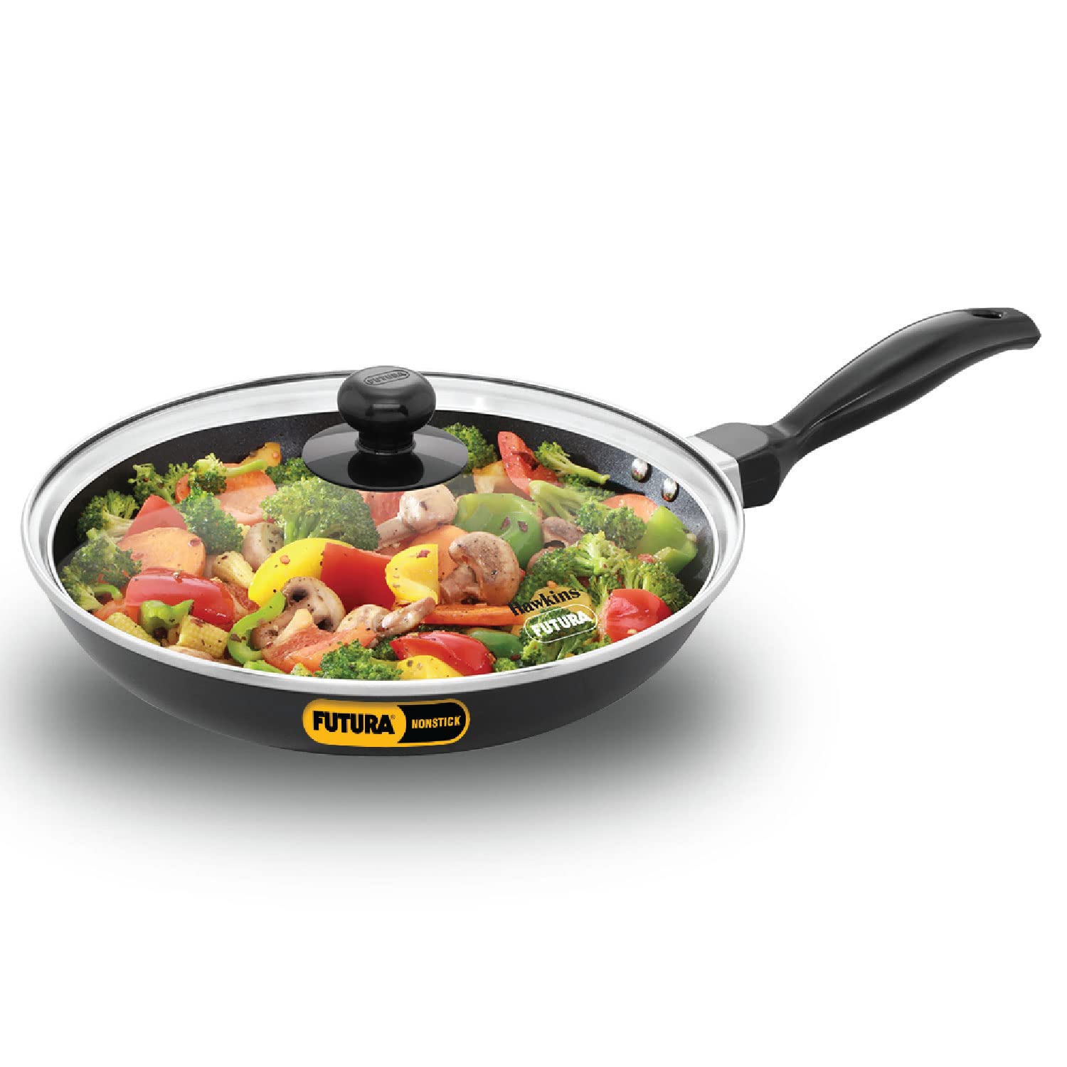 Hawkins Futura 24 cm Frying Pan, Nonstick Fry Pan with Glass Lid, Induction Non Stick Pan, Black (INF24G)